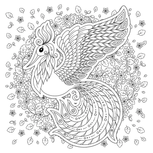 Lindo Pájaro Jardín Flores Fantasía Animales Garabato Dibujado Mano Ilustración — Vector de stock