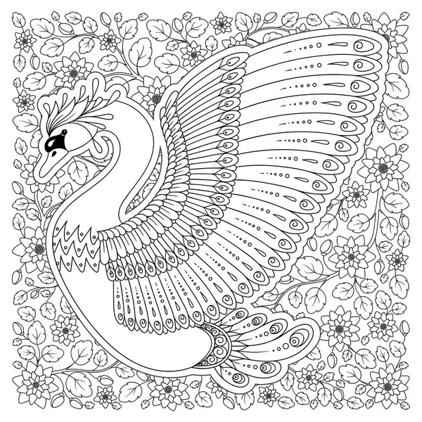 Exotic Bird Fantastic Flowers Leaves Hand Drawing Artistic Swan Adult — Stock Vector