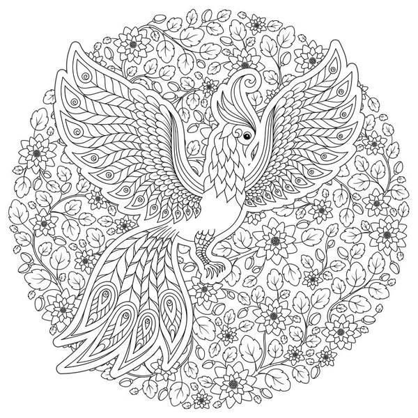 エキゾチックな鳥 幻想的な花を残します アンチ ストレス高詳細をページを着色の火の鳥 大人と子供のための本ページを着色します ブラック ホワイト鳥コレクション 図のセット — ストックベクタ