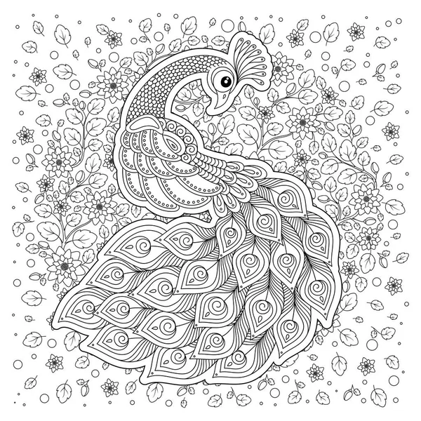 Peacock Vuxen Antistress Målarbok Svart Och Vit Hand Dras Doodle — Stock vektor