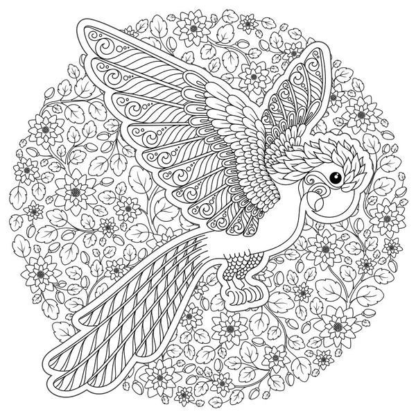 Loro Pájaro Tropical Ilustración Vectorial Libro Para Colorear Para Adultos — Vector de stock