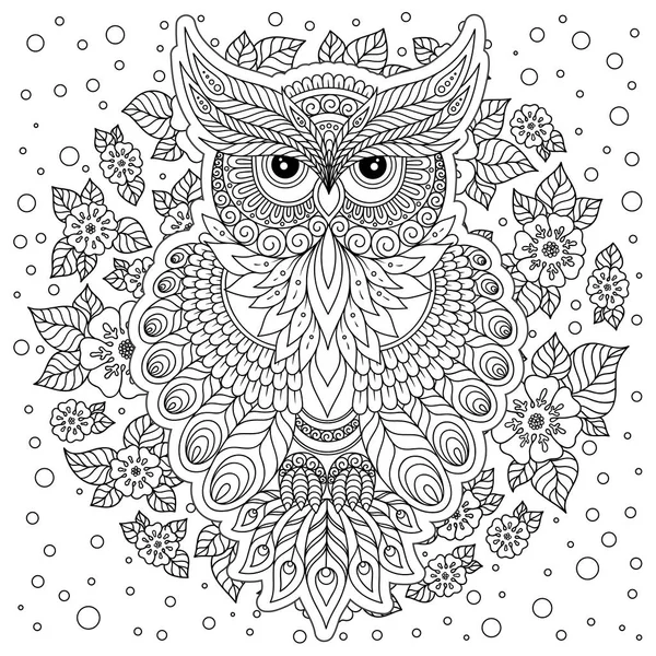 Yetişkin yaş ve üstü çocuklar için boyama kitabı. Şirin baykuş ve çerçeve çiçek boyama sayfası. Zentangle tarzında çizim anahat