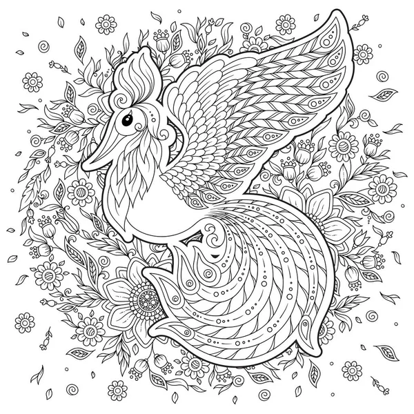Egzotik kuş, harika çiçekler, yapraklar. Anti stres Boyama Page yüksek ayrıntılarla Firebird için. Yetişkinler ve çocuklar için boyama kitabı sayfası. Siyah beyaz kuş koleksiyonu. Resimde kümesi.