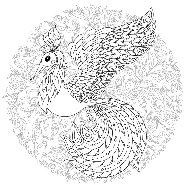 Fantezi çiçek bahçesi şirin kuş. Hayvanlar. Elle çizilmiş doodle. Etnik desenli illüstrasyon. Afrika, Hint, totem dövme tasarım. Avatar, dövme, poster, yazdırma için kroki veya t-shirt.