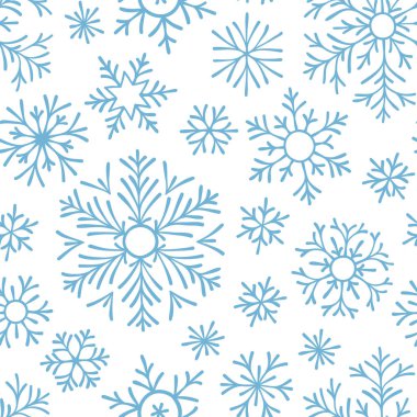 Beyaz zemin üzerine düşen soyut seamless modeli mavi kar taneleri. Afiş, tebrik, Noel ve yeni yıl kartı, davet, kartpostal için desen kış, kağıt ambalaj.