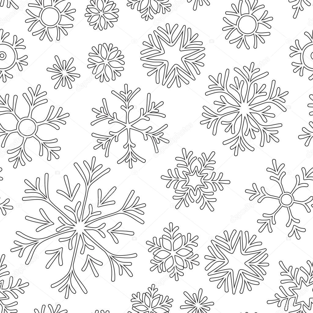 Abstract hand drawn outline seamless pattern with snowflakes   white background. Coloring antistress book for adult and older children. 