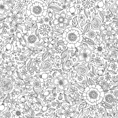 Çiçek seamless modeli. Zentangle doodle arka plan. Siyah-beyaz desen çizilmiş. Boyama kitabı.  