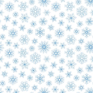 Beyaz zemin üzerine düşen soyut seamless modeli mavi kar taneleri. Afiş, tebrik, Noel ve yeni yıl kartı, davet, kartpostal için desen kış, kağıt ambalaj.