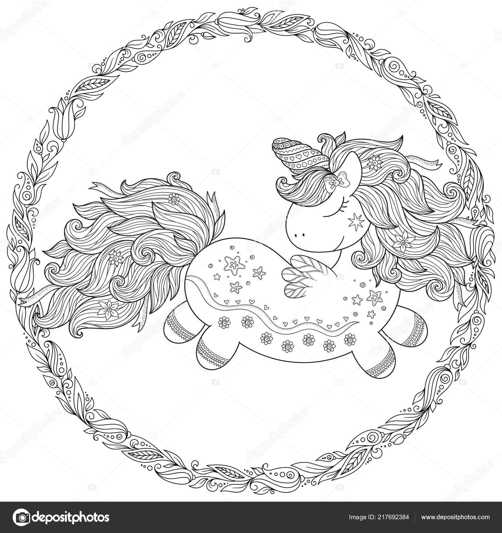 Zentangle Stylized Cartoon Unicorn Isolated White Background Perfect