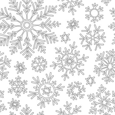 Kış Noel kar taneleri ile Seamless modeli. Boyama kitabı için elle çizilmiş. Siyah ve beyaz.