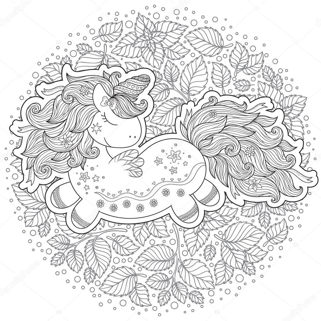 Zentangle stylized cartoon unicorn isolated on white background. Perfect for adult antistress coloring page, T shirt print, logo or tattoo with doodle, invitation, greeting card.