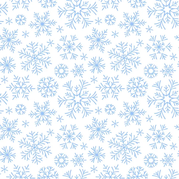 Abstracte Naadloze Patroon Vallen Blauwe Sneeuwvlokken Witte Achtergrond Winter Patroon — Stockvector