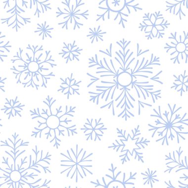 Beyaz zemin üzerine düşen soyut seamless modeli mavi kar taneleri. Afiş, tebrik, Noel ve yeni yıl kartı, davet, kartpostal için desen kış, kağıt ambalaj.