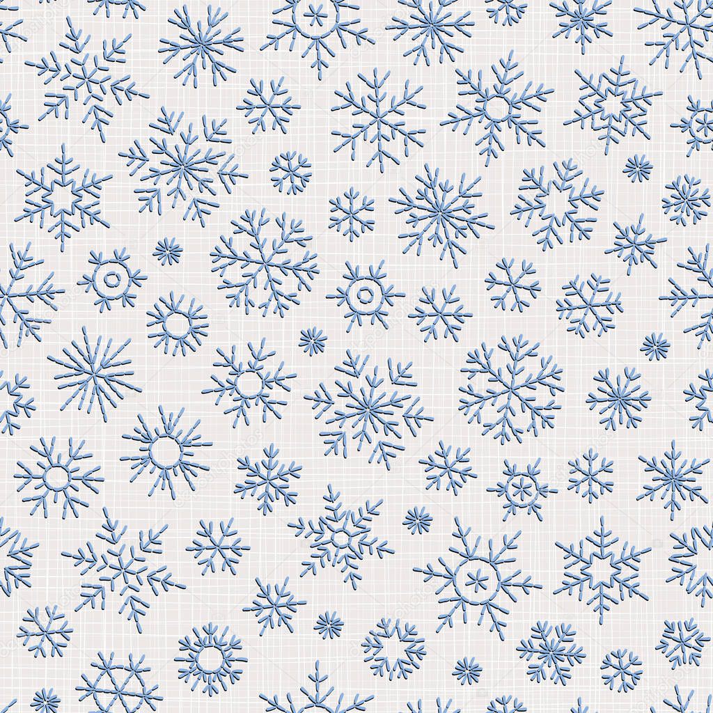 Seamless embroidery snowflakes background. Happy New Year or Christmas decoration design element. Wallpaper or gift wrapping pattern.