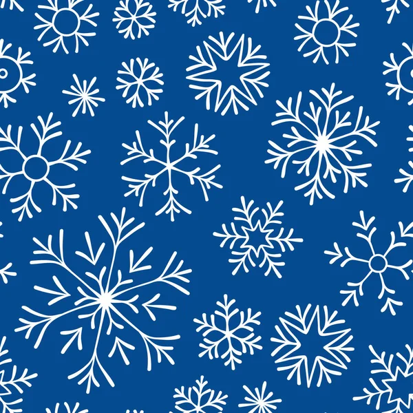 Handgezeichnetes Doodle Nahtloses Muster Weiße Schneeflocken Auf Dunklem Hintergrund Für — Stockvektor