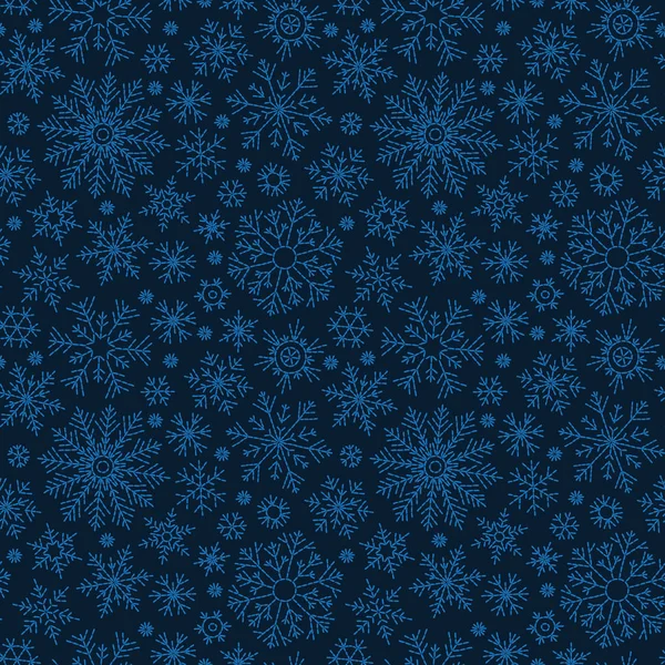 手描き落書きのシームレスなパターン 暗い背景に青い雪の結晶 カード 招待状 包装のための Web デザイン — ストックベクタ