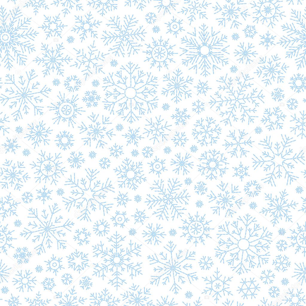 Abstract seamless pattern of falling blue snowflakes on white background. Winter pattern for banner, greeting, Christmas and New Year card, invitation, postcard, paper packaging.