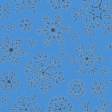 Elle çizilmiş doodle seamless modeli. Karanlık bir arka plan üzerinde mavi kar taneleri. İçin ambalaj kağıt, kart, davet, duvar kağıdı, kumaş, tekstil, web tasarım.