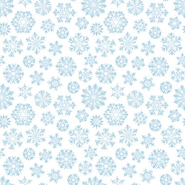 Beyaz zemin üzerine düşen soyut seamless modeli mavi kar taneleri. Afiş, tebrik, Noel ve yeni yıl kartı, davet, kartpostal için desen kış, kağıt ambalaj.
