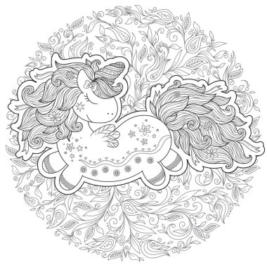 Tek boynuzlu at büyülü hayvan. Siyah, beyaz. Yetişkin ve çocuklar için boyama kitabı sayfası. Zentangle resimde. Peri masalı, şaşırtıcı harikalar