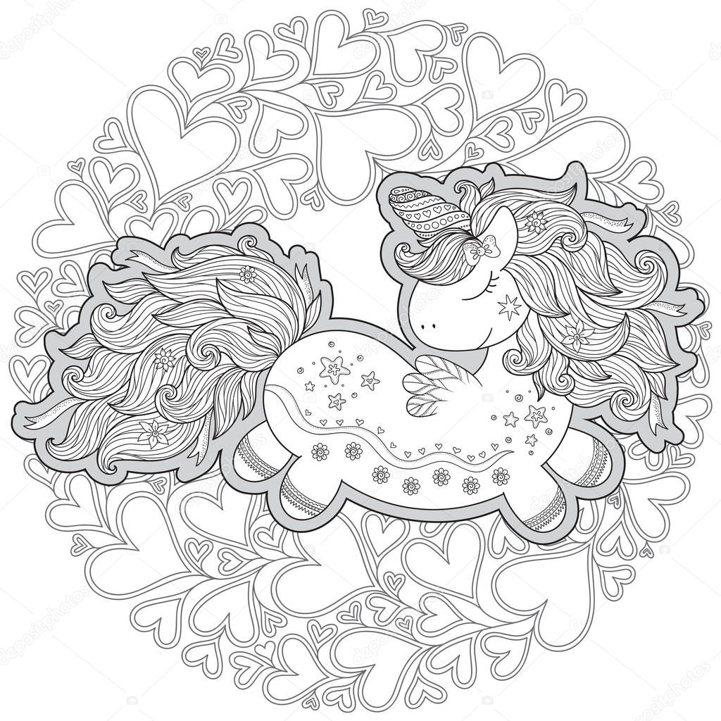 Unicorn in hearts. Coloring book for adult and older children. Outline drawing coloring page.