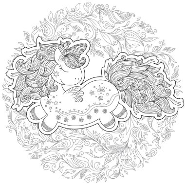 Tek boynuzlu at büyülü hayvan. Siyah, beyaz. Yetişkin ve çocuklar için boyama kitabı sayfası. Zentangle resimde. Peri masalı, şaşırtıcı harikalar