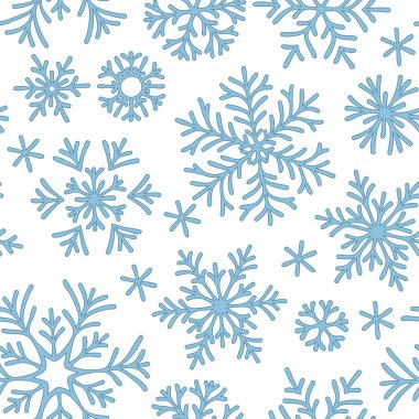 Beyaz zemin üzerine düşen soyut seamless modeli mavi kar taneleri. Afiş, tebrik, Noel ve yeni yıl kartı, davet, kartpostal için desen kış, kağıt ambalaj.