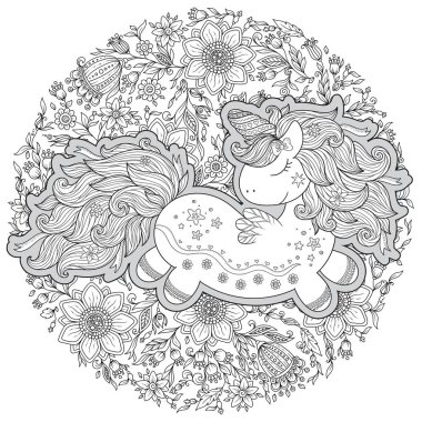 Unicorn. The composition consists of a unicorn surrounded by a bouquet of roses. Outline hand drawing coloring page for adult coloring book.  clipart