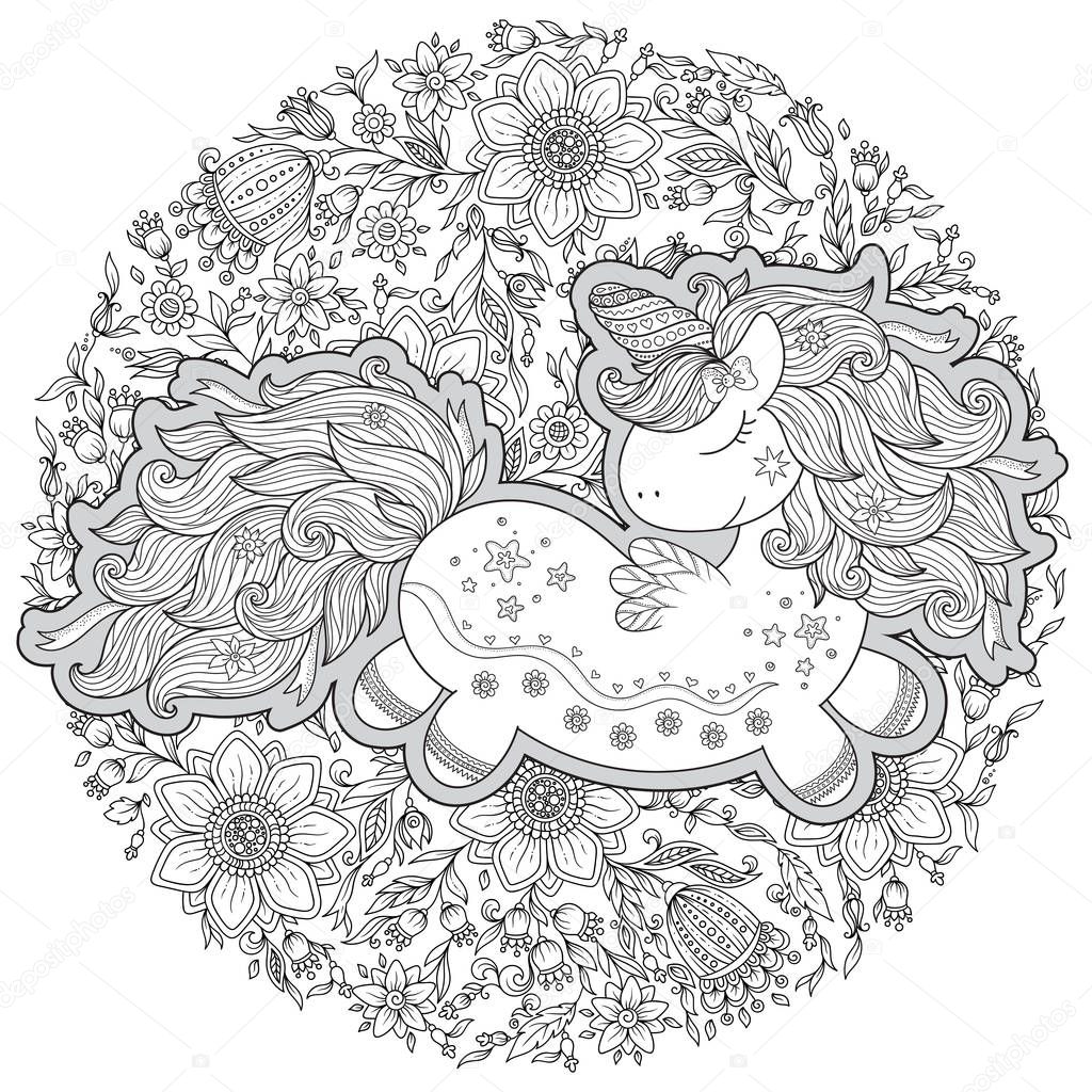 Unicorn. The composition consists of a unicorn surrounded by a bouquet of roses. Outline hand drawing coloring page for adult coloring book. 