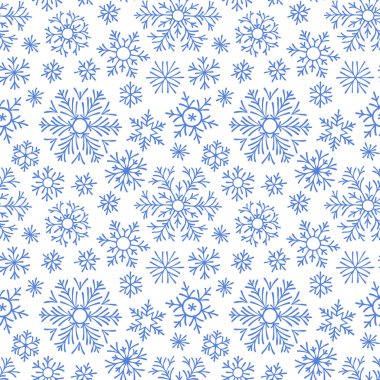 Beyaz zemin üzerine düşen soyut seamless modeli mavi kar taneleri. Afiş, tebrik, Noel ve yeni yıl kartı, davet, kartpostal için desen kış, kağıt ambalaj.