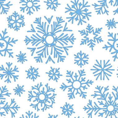 Beyaz zemin üzerine düşen soyut seamless modeli mavi kar taneleri. Afiş, tebrik, Noel ve yeni yıl kartı, davet, kartpostal için desen kış, kağıt ambalaj.