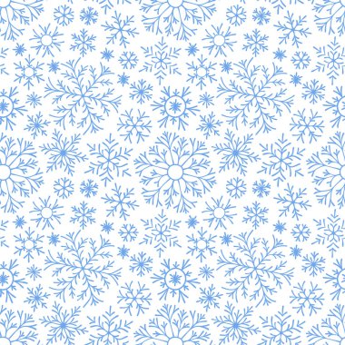 Beyaz zemin üzerine düşen soyut seamless modeli mavi kar taneleri. Afiş, tebrik, Noel ve yeni yıl kartı, davet, kartpostal için desen kış, kağıt ambalaj.