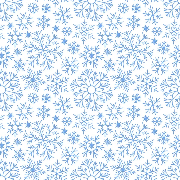 抽象的白色背景下飘落的蓝色雪花的无缝图案 冬季图案为横幅 圣诞节和新年贺卡 明信片 纸包装 — 图库矢量图片