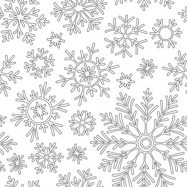 Noel modeli gelen bir kart vektör için kar taneleri. Kitap boyama için. Dekoratif doodle çizilmiş. Siyah-beyaz desen.