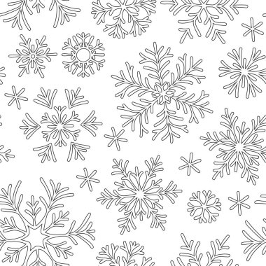 Kış Noel kar taneleri ile Seamless modeli. Boyama kitabı için elle çizilmiş. Siyah ve beyaz.