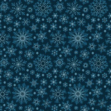 Elle çizilmiş doodle seamless modeli. Karanlık bir arka plan üzerinde mavi kar taneleri. İçin ambalaj kağıt, kart, davet, duvar kağıdı, kumaş, tekstil, web tasarım.
