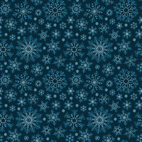 手绘涂鸦无缝图案 黑暗背景下的蓝色雪花 用于织物 包装纸 网页设计 — 图库矢量图片