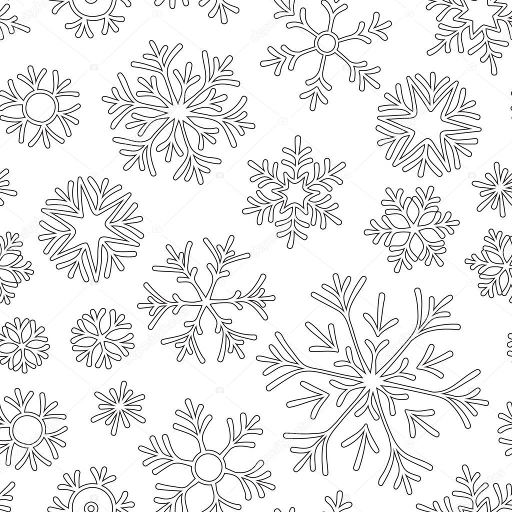 Seamless pattern with winter Christmas snowflakes. Hand-drawn for coloring book. Black and white.