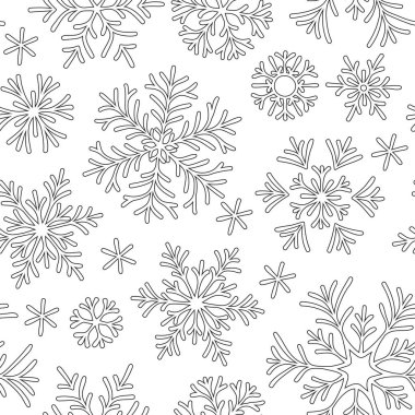 Soyut El çizilmiş anahat Dikişsiz desen kar taneleri beyaz arka plan ile. Antistress kitap yetişkin ve büyük çocuklar için boyama. 