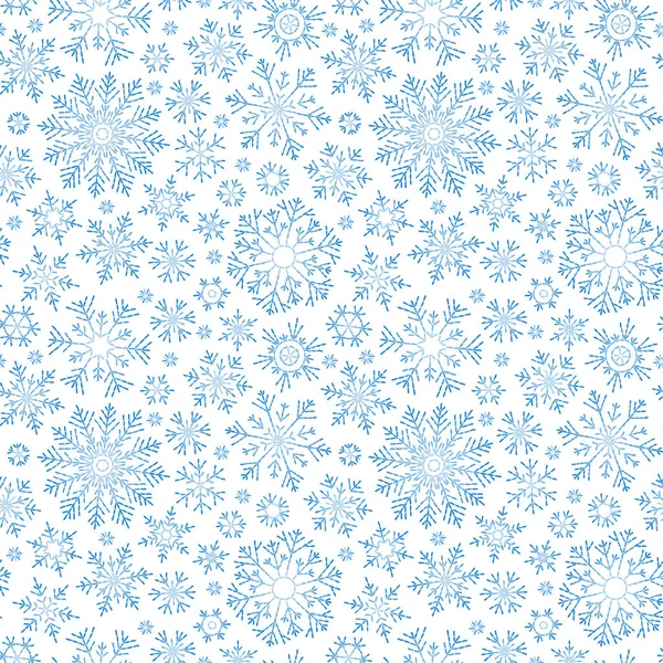 Abstrakte Nahtlose Muster Fallender Blauer Schneeflocken Auf Weißem Hintergrund Wintermuster — Stockvektor