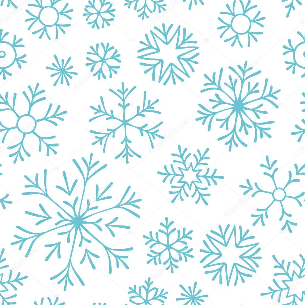 Abstract seamless pattern of falling blue snowflakes on white background. Winter pattern for banner, greeting, Christmas and New Year card, invitation, postcard, paper packaging.