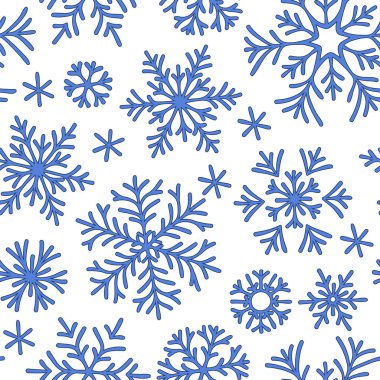 Beyaz zemin üzerine düşen soyut seamless modeli mavi kar taneleri. Afiş, tebrik, Noel ve yeni yıl kartı, davet, kartpostal için desen kış, kağıt ambalaj.