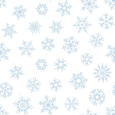 Beyaz zemin üzerine düşen soyut seamless modeli mavi kar taneleri. Afiş, tebrik, Noel ve yeni yıl kartı, davet, kartpostal için desen kış, kağıt ambalaj.