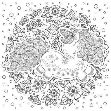 Unicorn. The composition consists of a unicorn surrounded by a bouquet of roses. Outline hand drawing coloring page for adult coloring book.  clipart