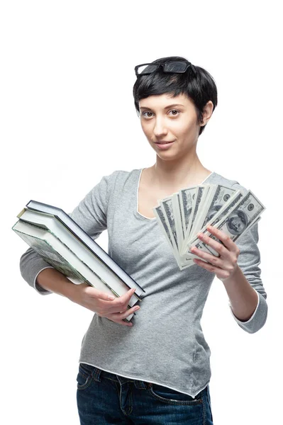 Jonge Vrouw Met Geld Boeken — Stockfoto