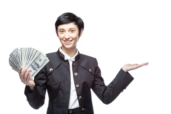 Junge Frau Mit Geld Bodensatz Slogan Setzen — Stockfoto