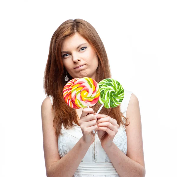 Triste Déçue Fille Avec Des Bonbons Portrait Isolé Sur Fond — Photo