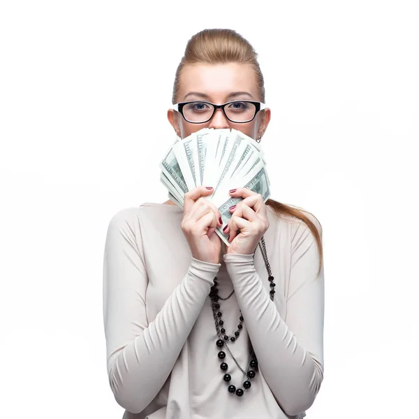 Young Thinking Pretty Woman Hiding Bunch Money Banknotes Looking Upward — Stock Photo, Image