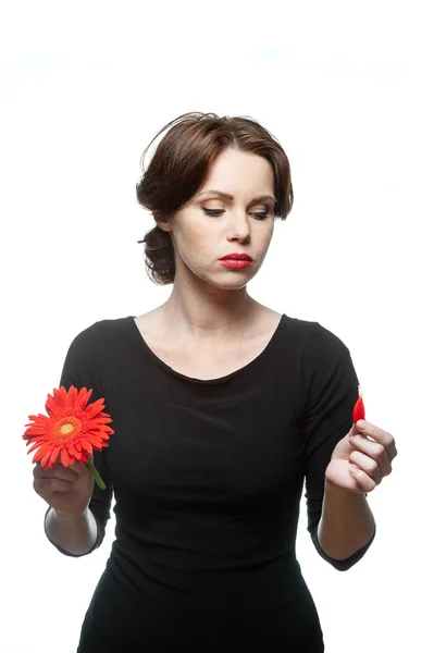 Sad Girl Holds Flower One Hand Torn Petal Other Hand — Stock Photo, Image