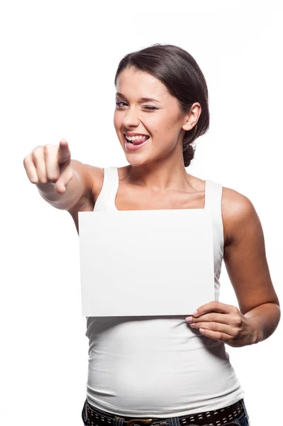 Niedliches Mädchen Mit Weißem Schild Auf Weißem Hintergrund — Stockfoto